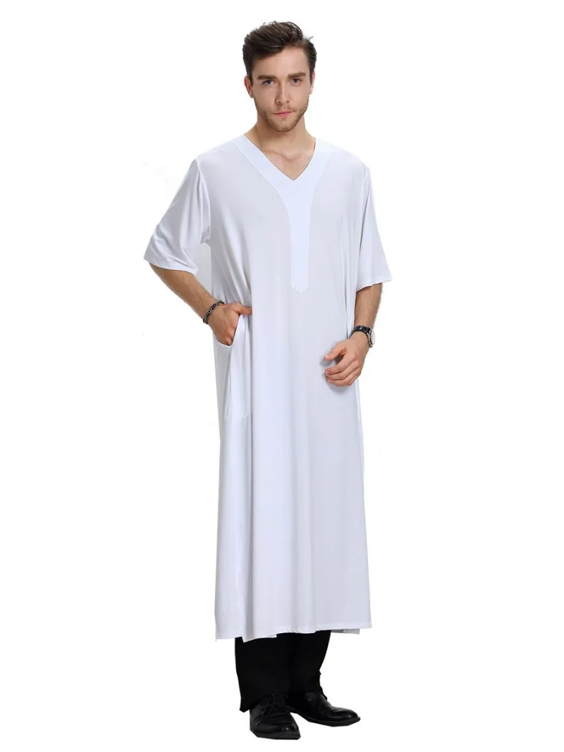 Men Muslim Jubba Thobe Kaftan Dishdasha Thawb Arab Jabbah Men Short Sleeve Robe Summer Casual Loose Islamic Clothes Ramadan New