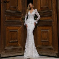 lorie sexy bodycon lace mermaid wedding dresses transparent back long sleeves boho bridal gowns appliques v neck bride dress
