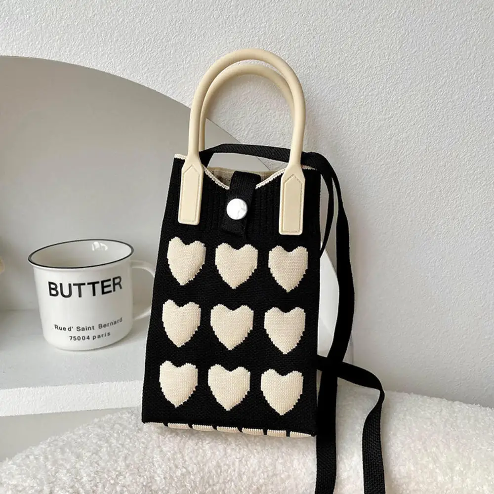 

Handmade Knit Handbag Love Heart Women Crossbody Mobile Phone Tote Shoulder Bag Small Messenger Bags Korean Purses and Handbags