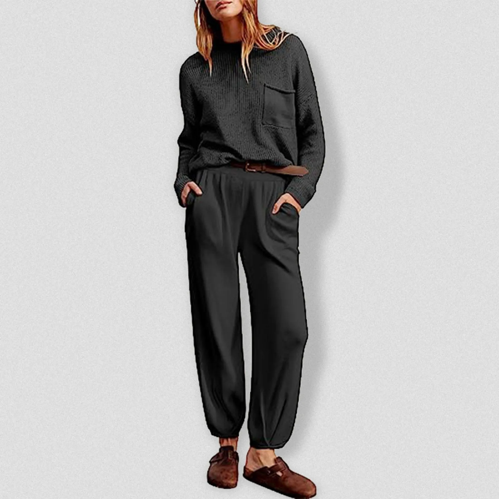 

Женский вязаный свитер с длинным рукавом, Свободный теплый комплект из Свитера и длинных брюк, Осень-зима 2023