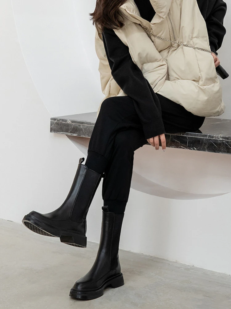 Chelsea Boots Women Natural Genuine Leather Flat Platform Mid Calf Boots Round Toe Ladies Shoes Autumn Winter Black 40