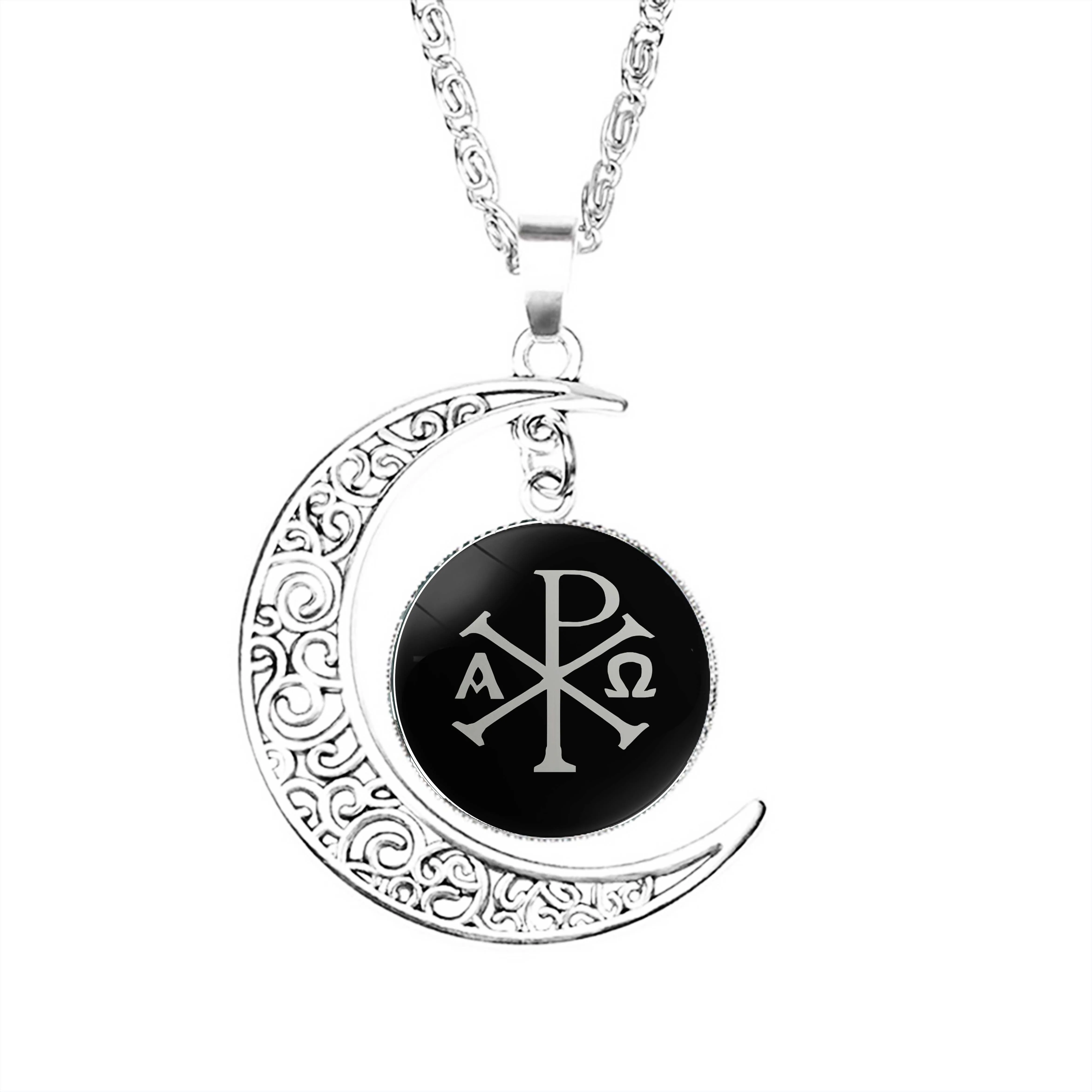 

Chi Rho Jesus Moon Necklace Girls Dome Jewelry Lovers Chain Jewelry Women Charm Men Glass Accessories Party Pendant Crescent