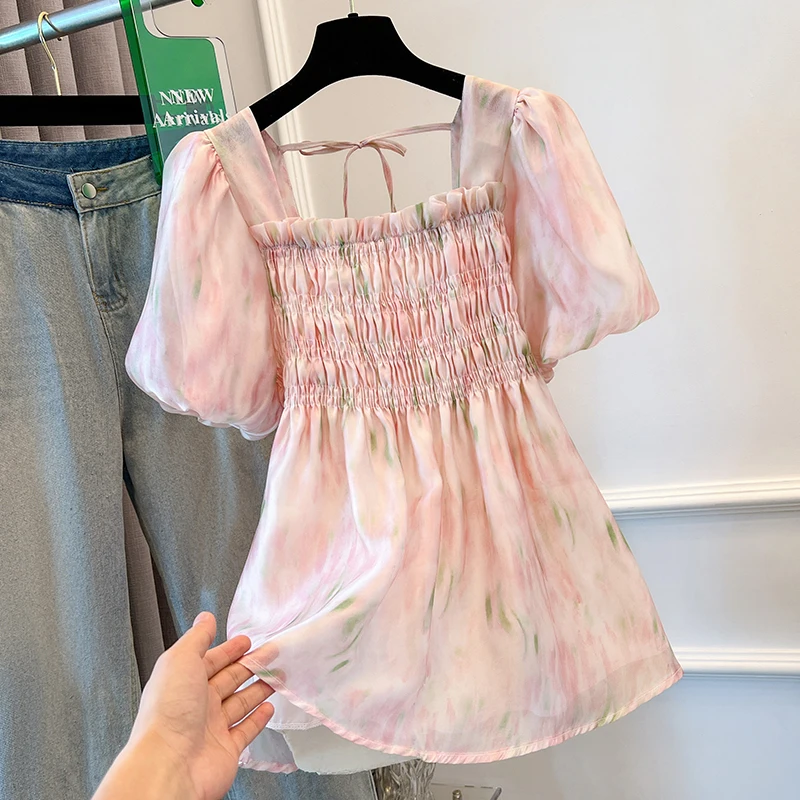 Женская рубашка с коротким рукавом и квадратным вырезом цветочным принтом |