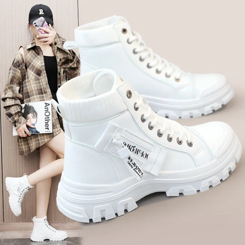 

New Lace Up Women's Shoes 2023 Winter Mid Top Plush Warm Increase Thick Sole Martin Boots Casual Women's Shoes