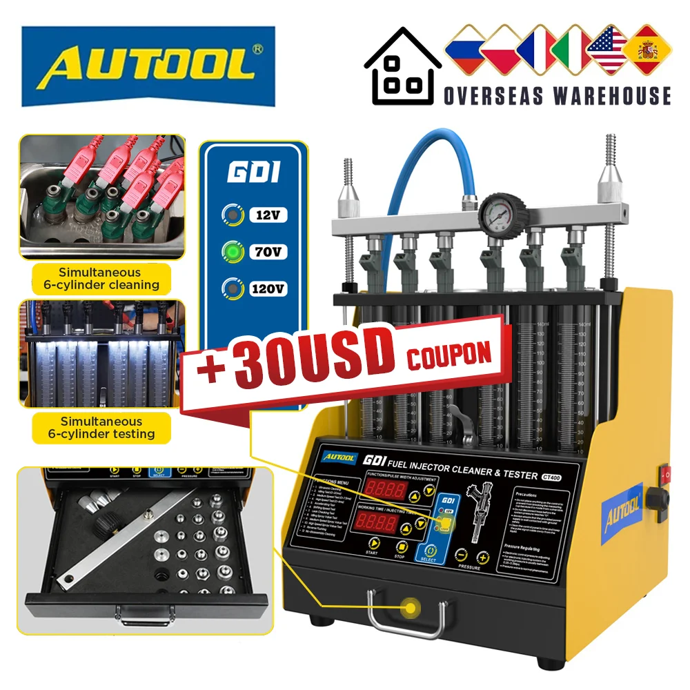 

AUTOOL CT400 GDI Injector Tester Cleaner Machine 6 Cylinders Fuel Injector Cleaner Tester for Car Motorcycle 110V 220V