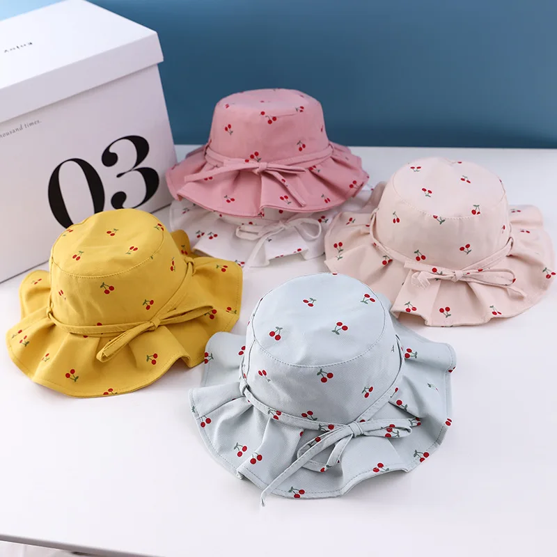

Spring Summer Cute Kids Baby Hat Cherry Fruit Printed Baby Girl Bucket Cap Bows Cherry Outdoor Children Beach Fisherman Sun Hat