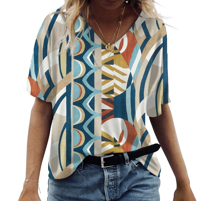 

Женская футболка с геометрическим принтом, свободная хлопковая футболка с коротким рукавом и V-образным вырезом, Повседневная летняя одежд...
