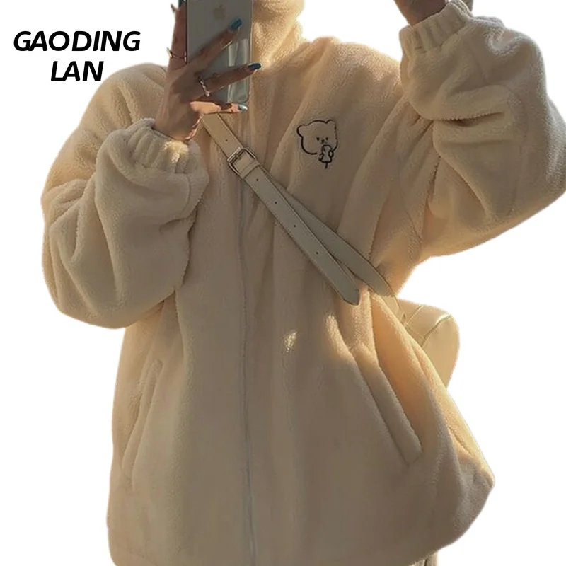 

GAODINGLAN Winter Women Long Sleeve Cartoon Bear Embroidery Imitation Cashmere Coat Turtleneck Thick Warm Large Size Outer Wear