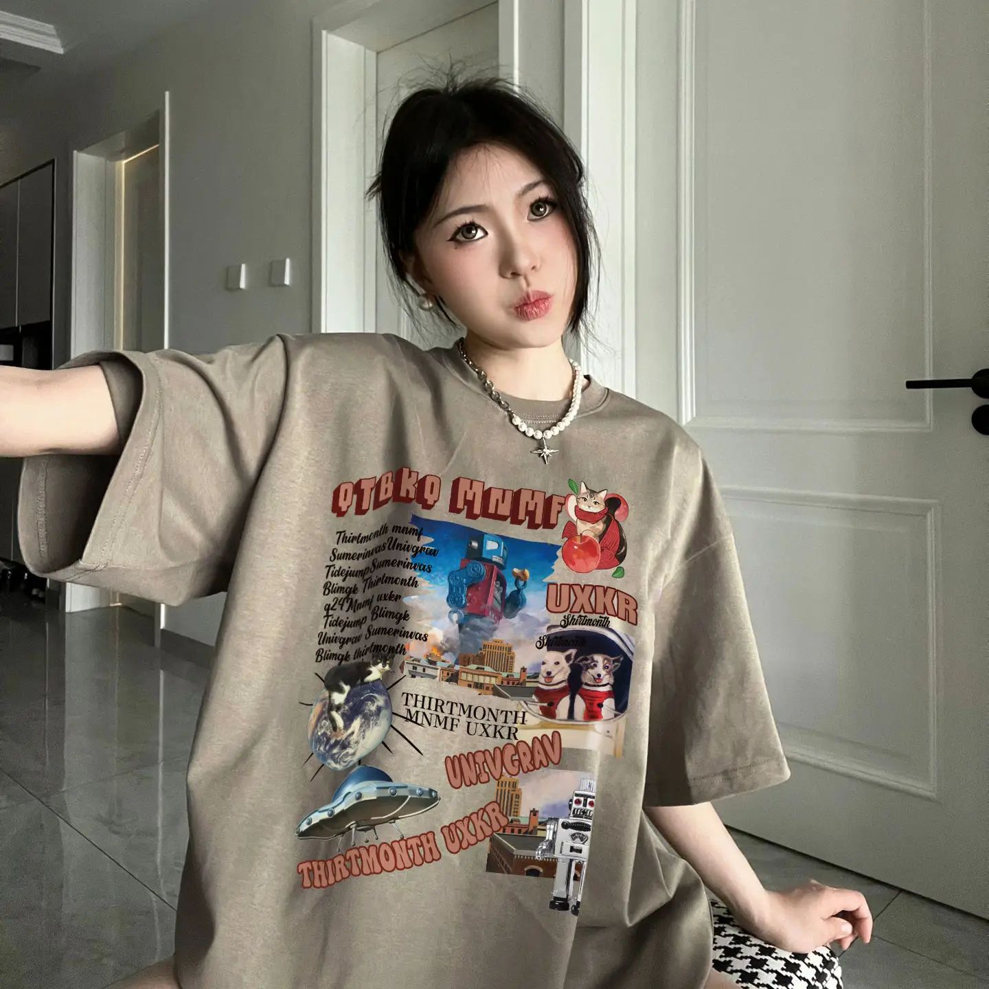 

American retro vintage khaki heavy t-shirt women's summer French ins niche foreign style cotton half sleeved top sweatshirt tops