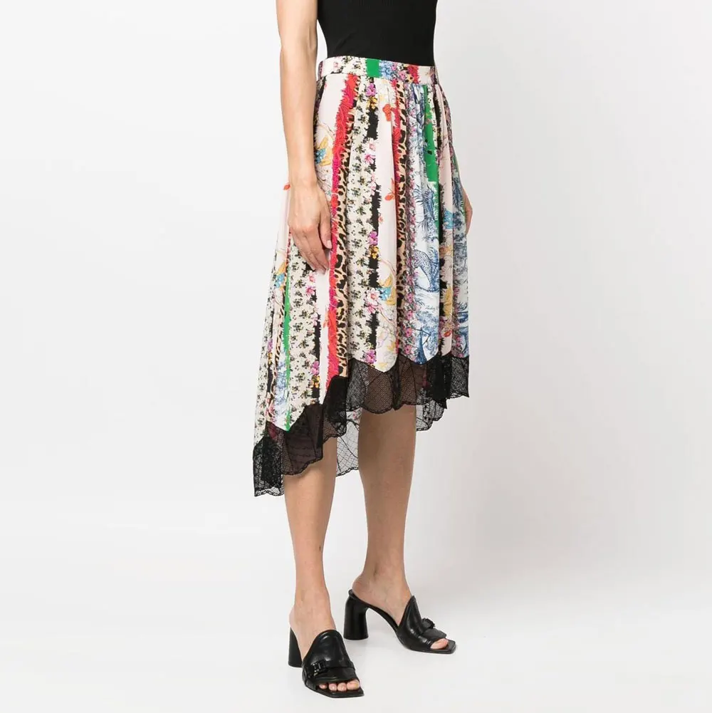 

100% Silk Women's print Skirt lace stitching loose fashion lady midi skirt