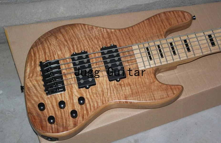 

6 String Natural Quilted Maple Top Jazz Bass Electric Bass Guitar Ash Body, 9V Battery Box, Active Wires, Black Block Inlay