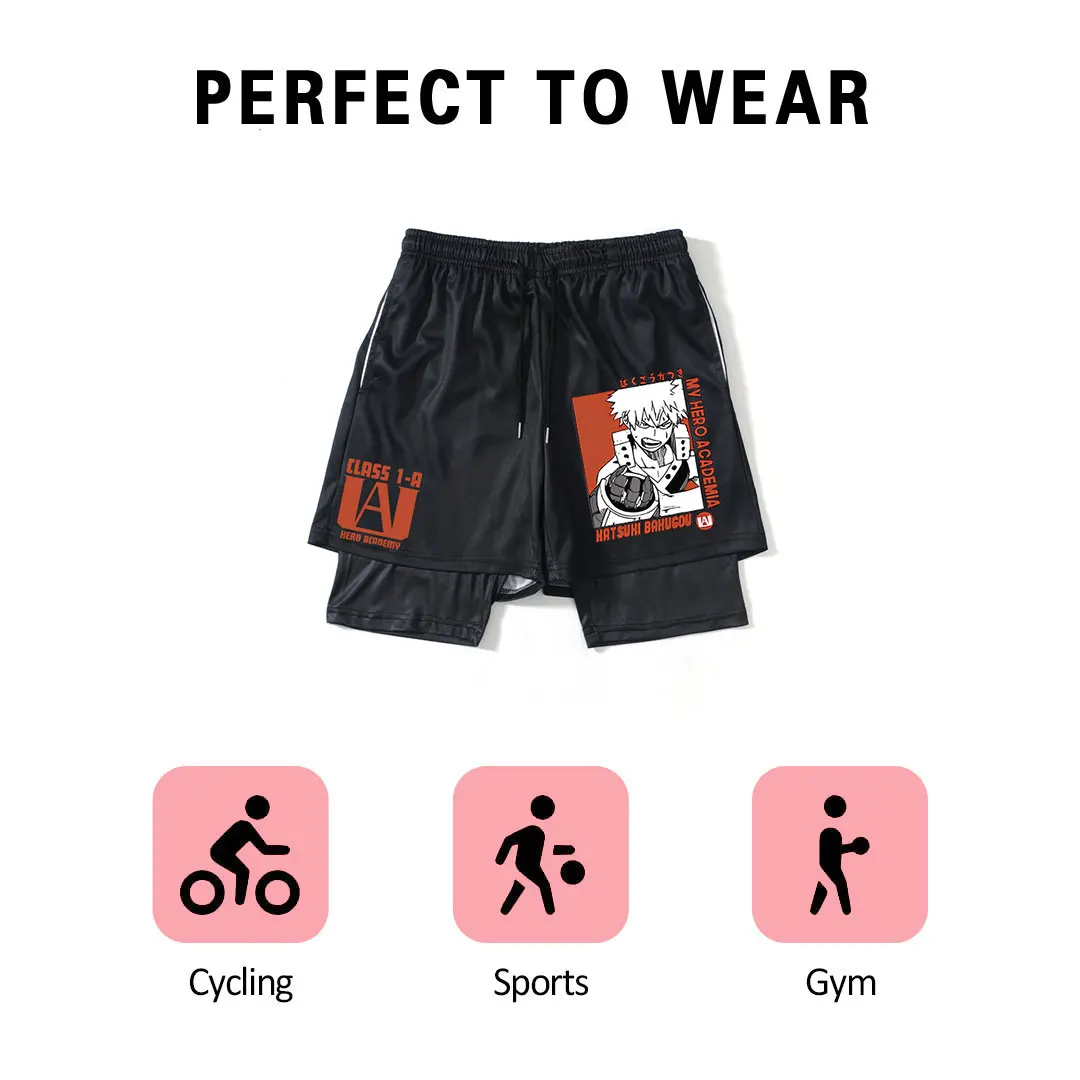 

Шорты с героями аниме «Мой герой», мужские шорты 2 в 1 для бега, быстросохнущие шорты для фитнеса, спортивных тренировок, бодибилдинга, тренировок