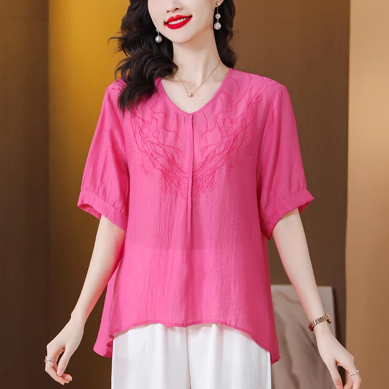 

2023 New Arrival Summer Women Loose Fit V-neck Three Quarter Sleeve Blouse Vintage Embroidery Cotton Linen Casual Shirts V371