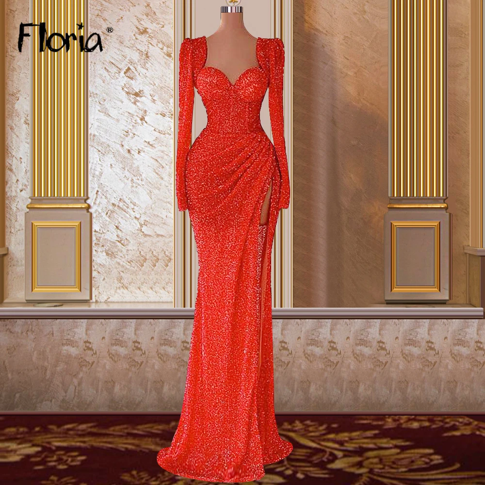 

Floria Red Long Pageant Party Dress Elegant Full Sleeve Mermaid Beaded Evening Prom Gowns for Weddings Arabic Vestido De Novia