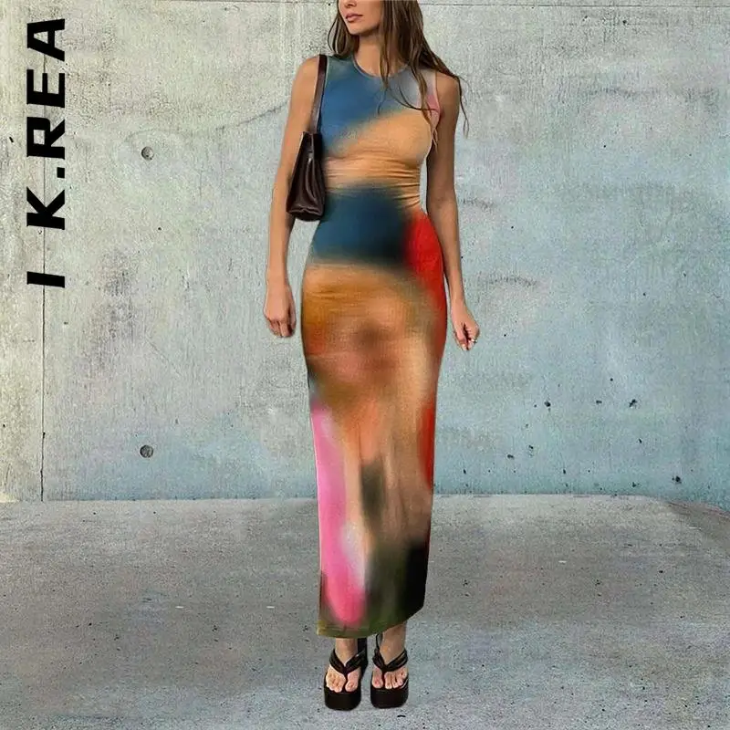 

I K.Rea Elegant Sexy Tie Dye Ladies Sundress Popular Ladies Dress Girl Soft Streetwear Chic Stylish Female Dress Woman Vestidos