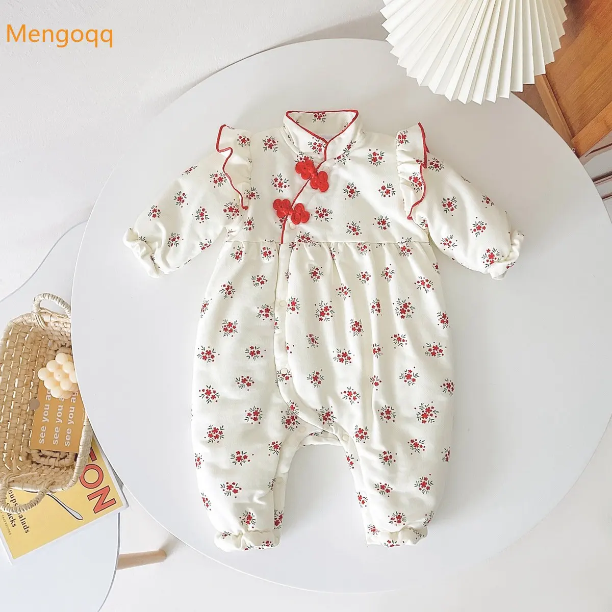 

Mengoqq Infant Girls Princess Autumn Winter Round Neck Full-sleeved Single-breasted Thickened Flower Warm Casual Romper 0-3Y