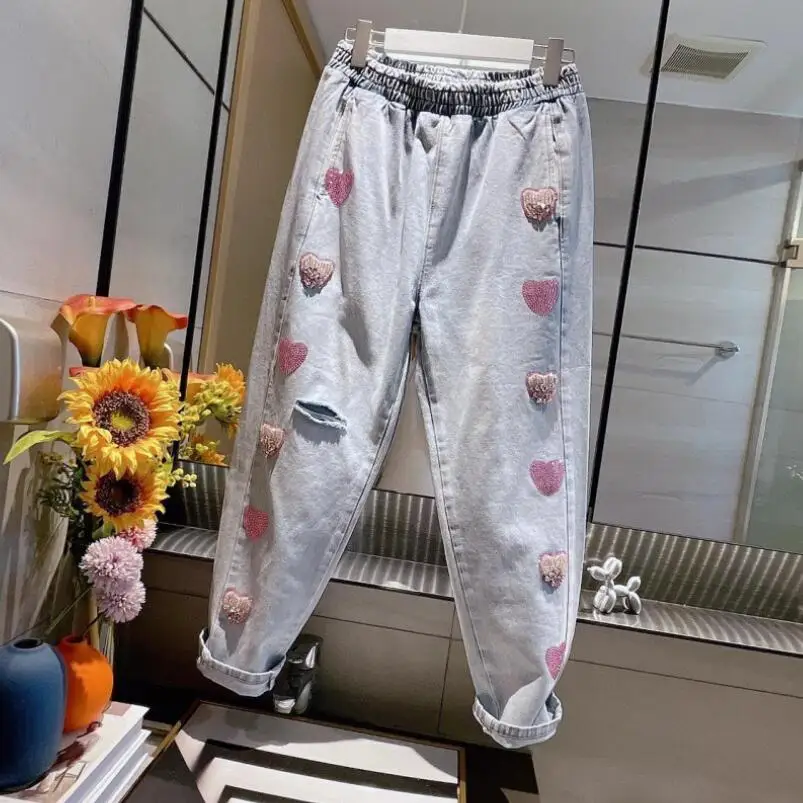 

2022 Hot Drill Bead Pink Heart Jeans Woman Fashion Loose Hole Elastic Waist Denim Pants Casual Femme Harem Pants p414