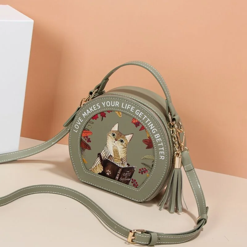 MBTI Cute Cat Lolita Womens Shoulder Bag Funny Print Circular Designer Student Handbag Pu Leather Lovely Ins Fashion Female Bag