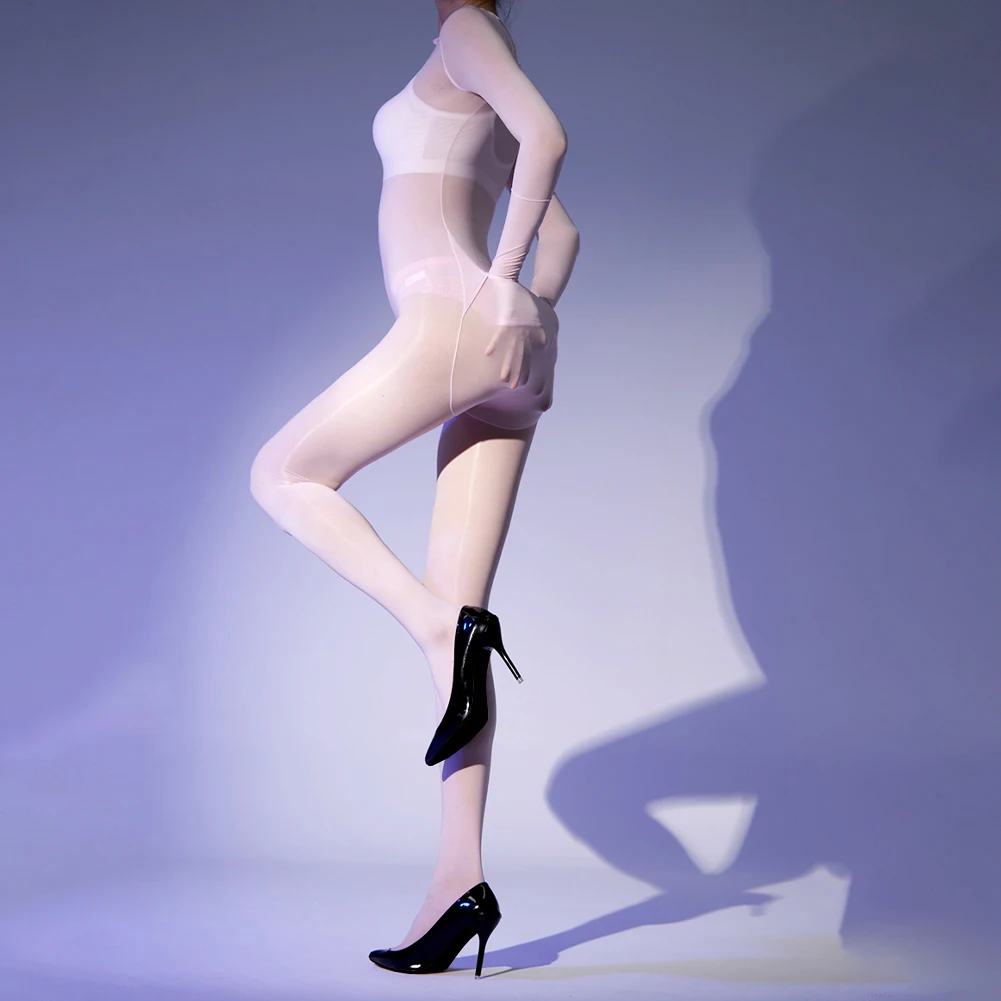 

Oil Shiny Full Body Stocking Lingerie Mesh Bodysuit Female Erotic Ultra-thin Transparent Glossy Pantyhose Long Sleeve Jumpsuits