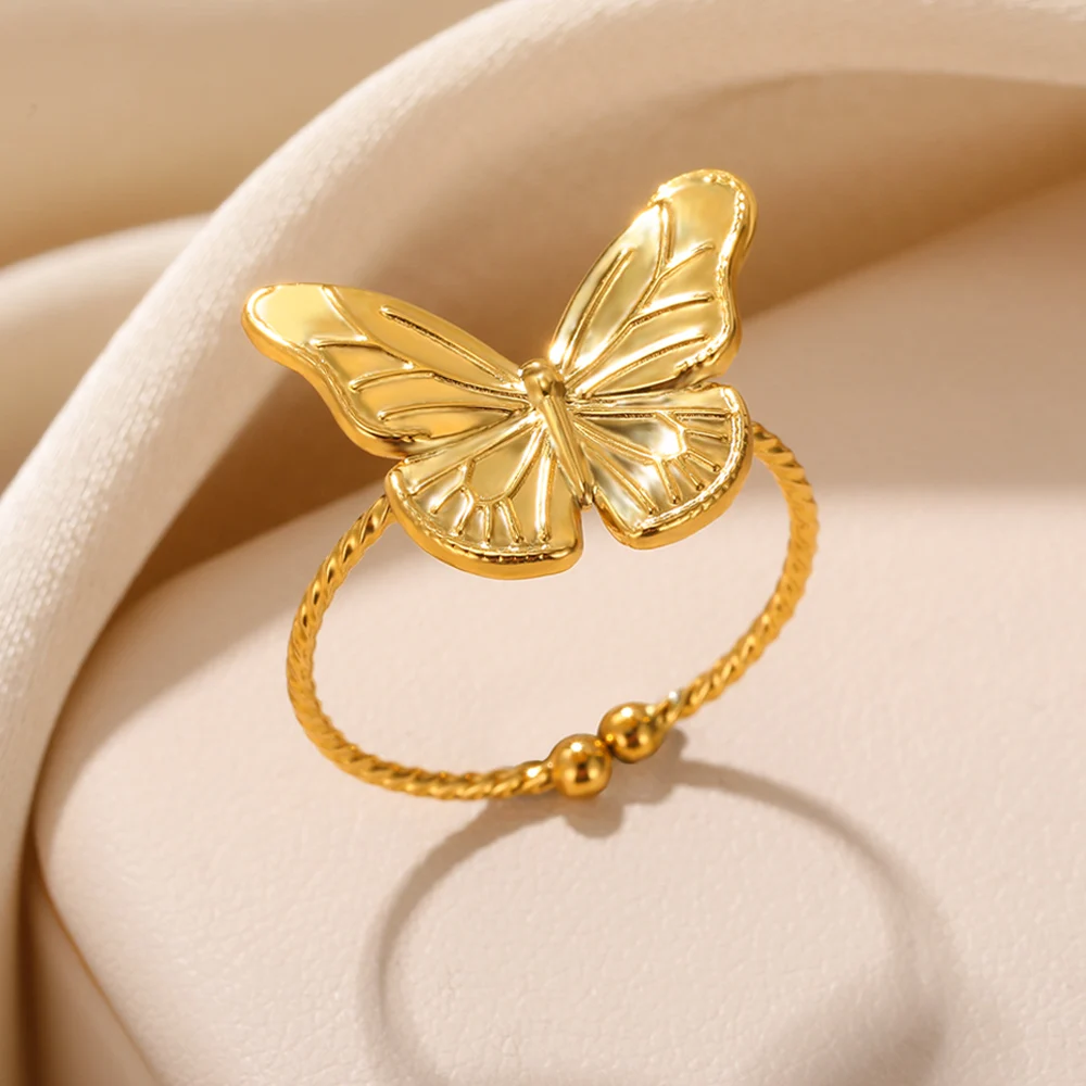 

Butterfly Stainless Steel Ring For Women Gold Color Adjustable Circlet Fashion Elegant Finger Jewelry Accessories Girl Gift