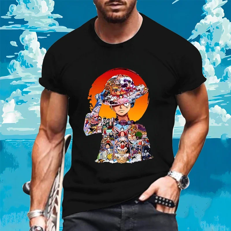 Anime One Piece T-shirt Luffy Zoro Men Cotton Round-neck Sports Casual Loose Cartoon Printing Short-sleeved Tops Clothing