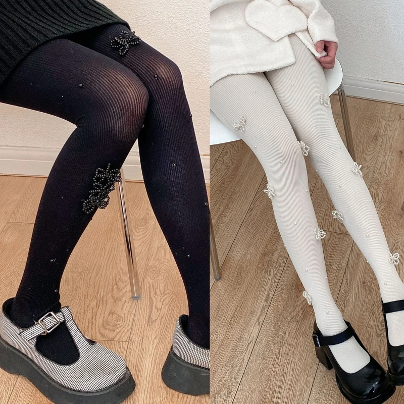 

Women Autumn Ribbed Opaque Pantyhose Sweet Imitation Pearl Bowknot Beaded Tights Solid Color Leggings 37JB