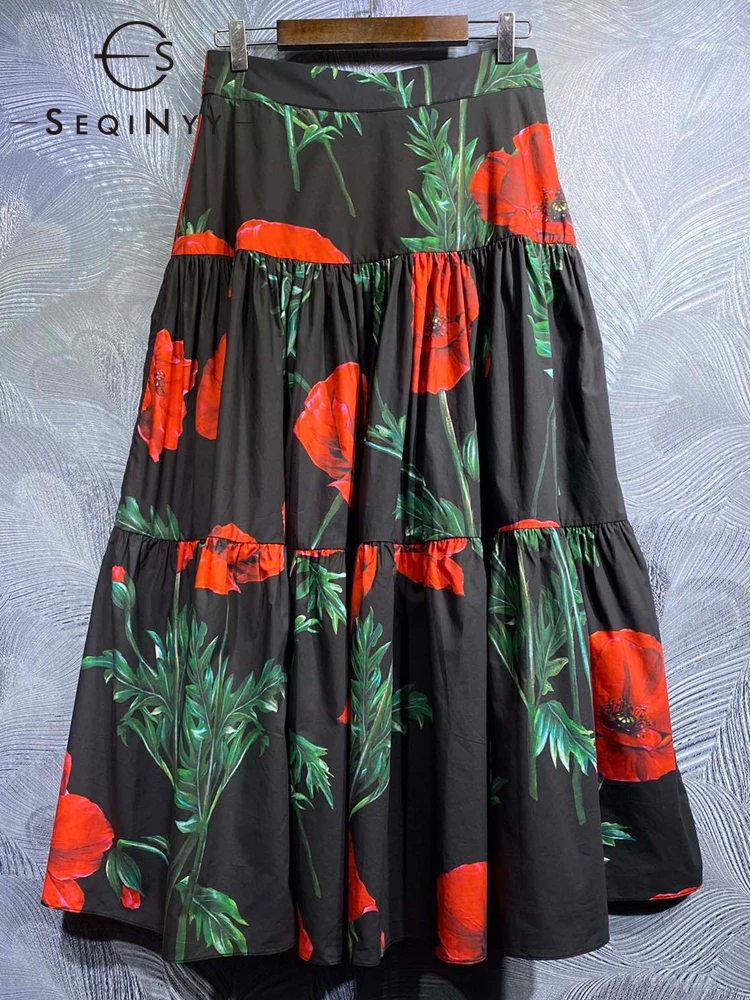 SEQINYY 100% Cotton Skirt Summer Spring New Fashion Design Women Runway High Quality Red Flowers Vintage Print A-Line Holiday