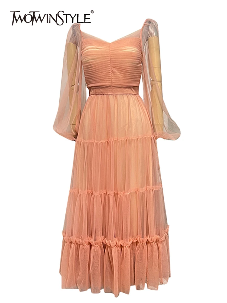 

TWOTWINSTYLE Summer Solid Dresses For Women Square Collar Lantern Sleeve High Waist Elegant Folds Dress Female Fashion Clothes