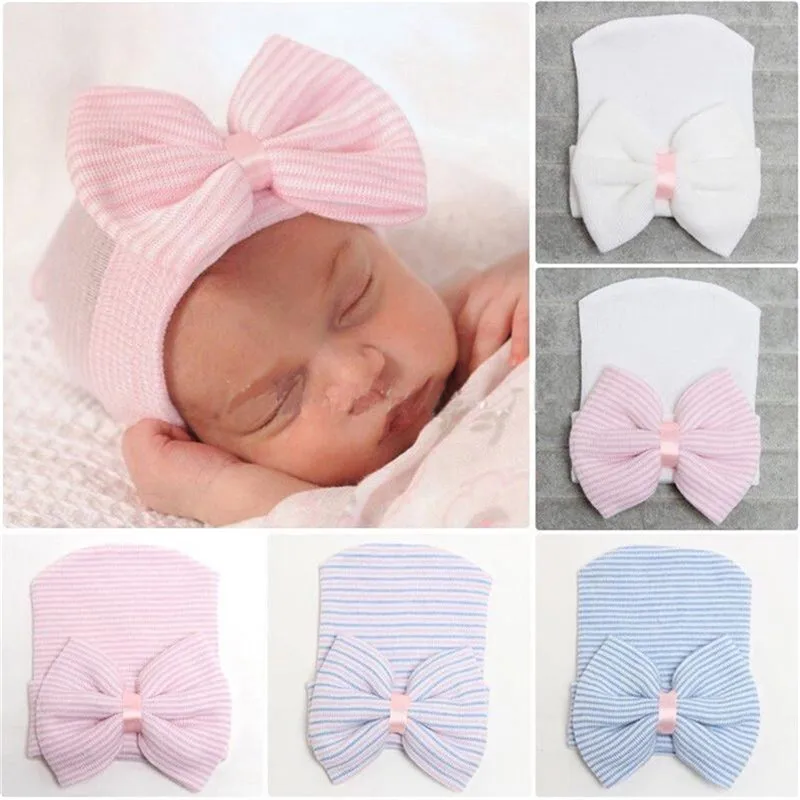 

2022 Cute Big Bow Striped Baby Hat Female Baby Knit Hat 0-3 Months Newborn Baby Hooded Warm Hat