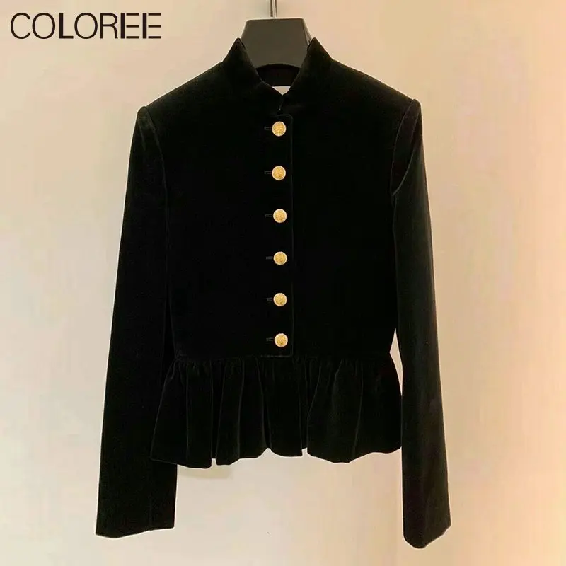 Korean Fashion Black Velvet Jackets for Women 2022 Elegant Ruffles Short Slim Chaqueta Mujer Autumn Winter New In Outerwears