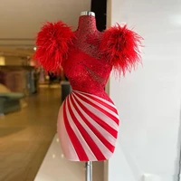 red fashion luxury short party dresses high neck sequins feathers women mini cocktail prom colorful gowns custom made plus size