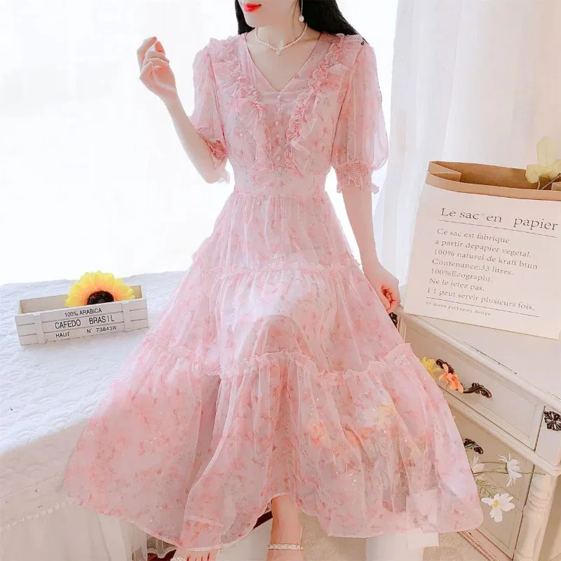 Женское шифоновое платье с V-образным вырезом коротким рукавом и оборками