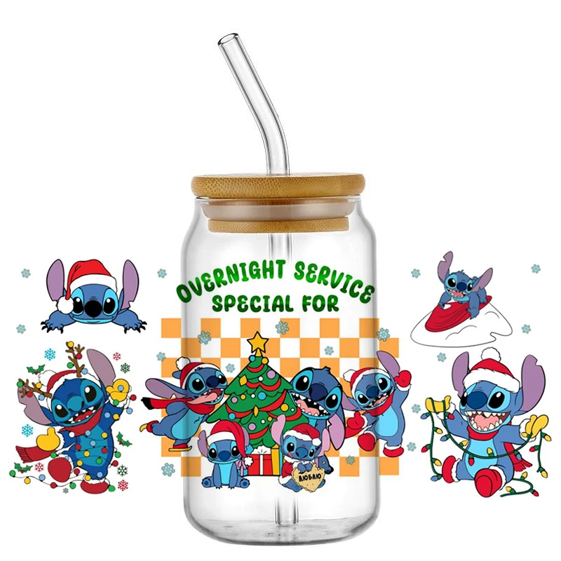 Minoso Cute Santa Stitch 3D УФ DTF наклейка для стекла Libbey 16 унций мультфильм Disney