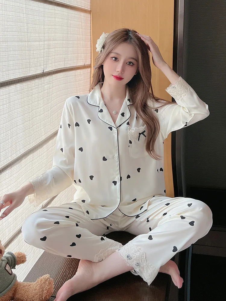 Spring and Autumn New Love Wave Dot Long Sleeve Pajamas Women's Imitation Silk Sweet Ice Home Fur