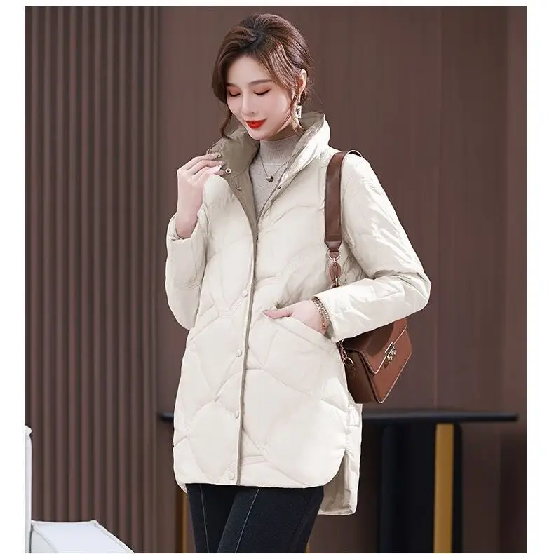 New Winter Women White Duck Down Coat Female Stand Collar Mid-Long Coat Casual Lady Outwear Down Pockets Buttons Ladies M12