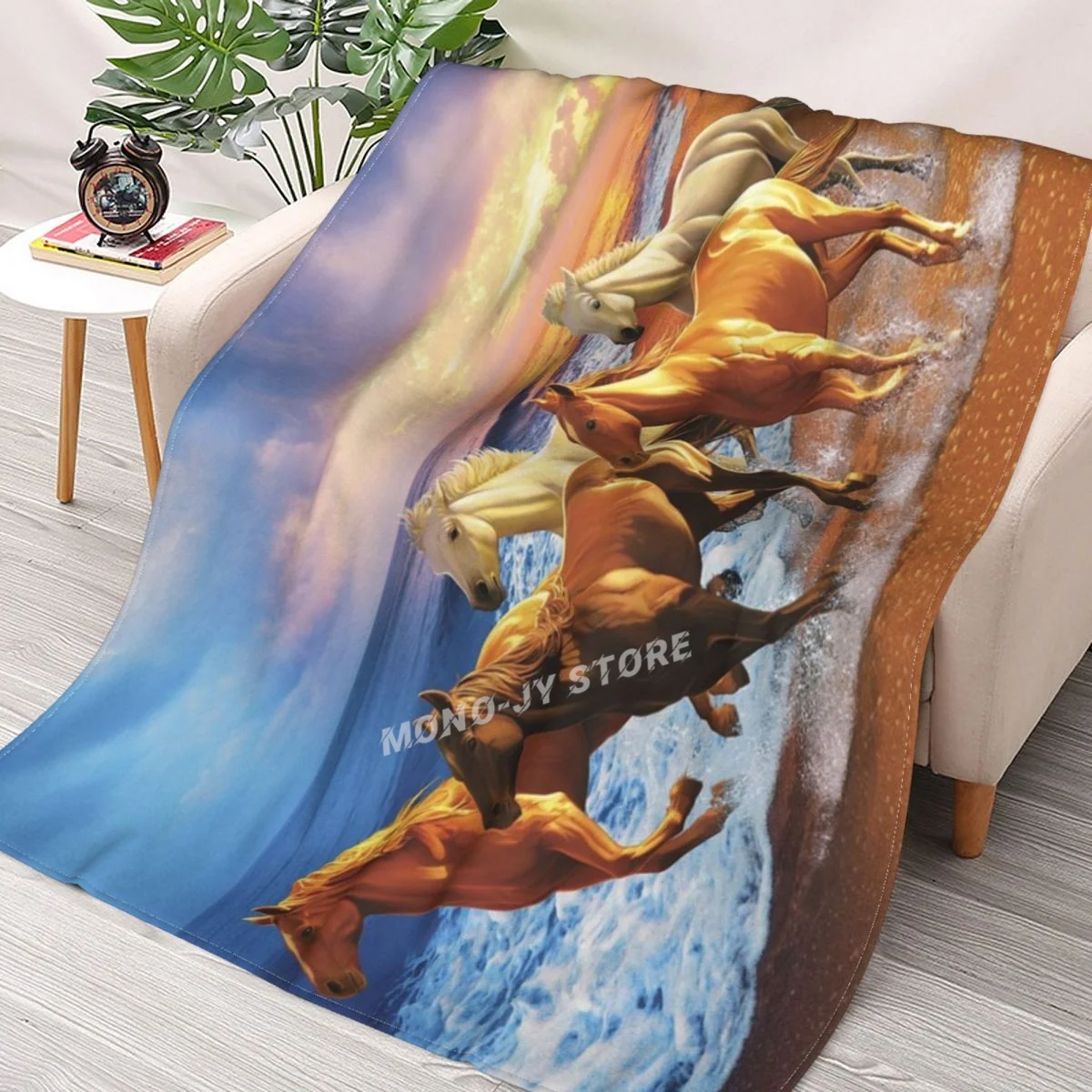 

Horses On The Beach Throws Blankets Collage Flannel Ultra-Soft Warm picnic blanket bedspread on the bed