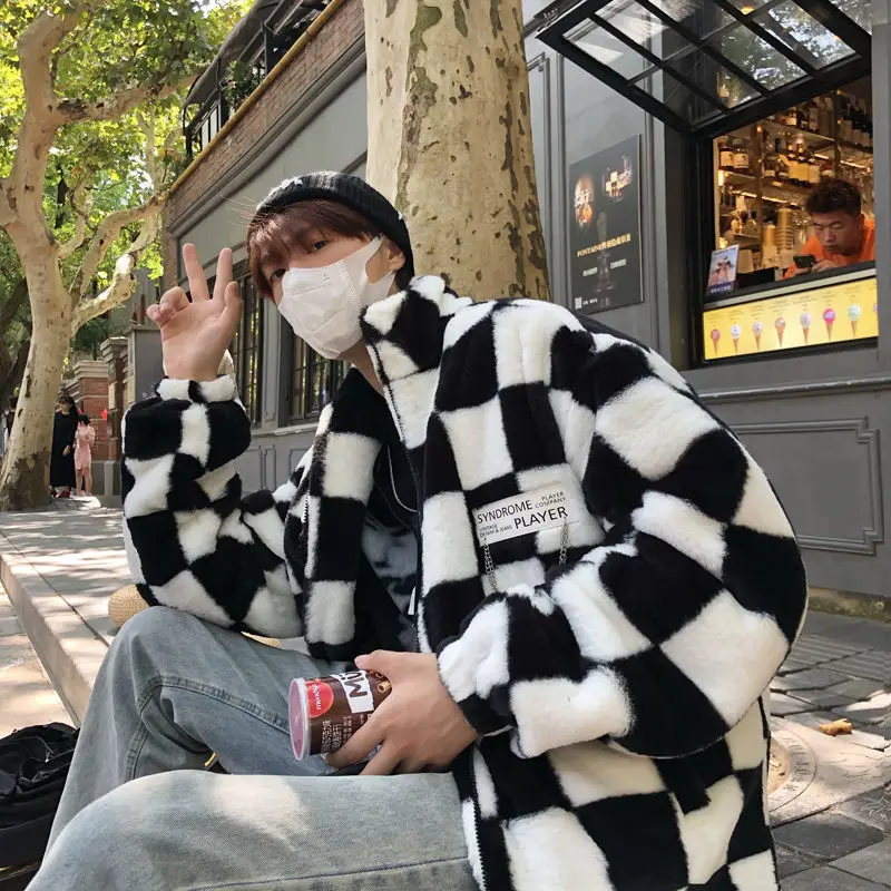 Winter Clothes 2022 Thickened Imitation Rabbit Hair Oversize 6XL Loose Stand Collar Jacket Lattice Lamb Wool Coat Men