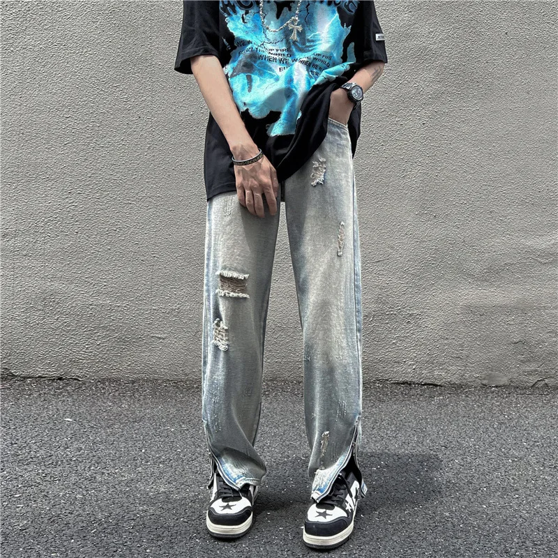 jeans for men Four Seasons Korean Fashion Half Zipper Split Trousers Hip Hop Straight Wide Leg Casual Pants  Blue Baggy Jeans