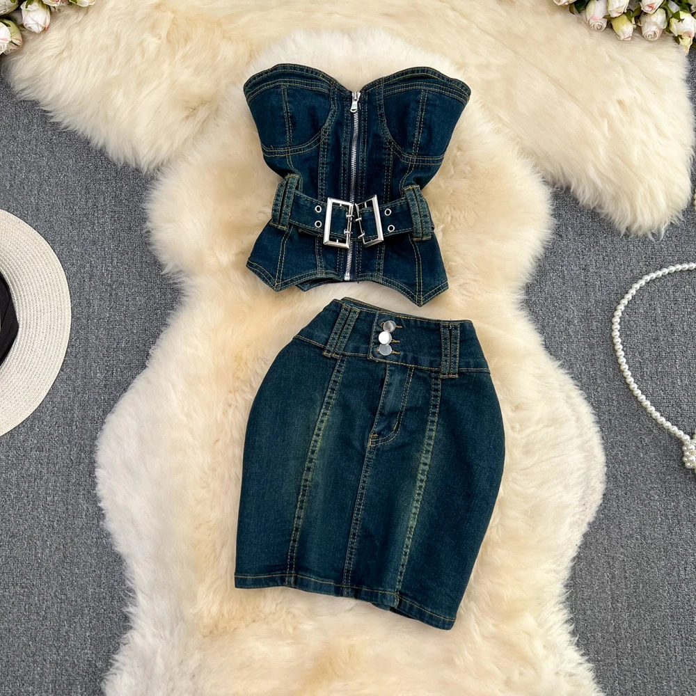 

Amolapha Women Retro Design Backless Sleeveless Denim Strapless Tops + High-waisted Pack Hip Mini Skirt Clothing Suits