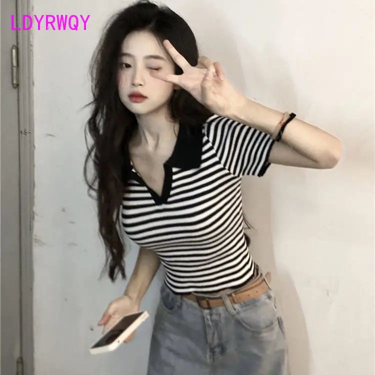 

Striped Knitted T-shirt Women's Summer 2023 New Vintage Polo Neck Slim Fit Thin Short Sleeve