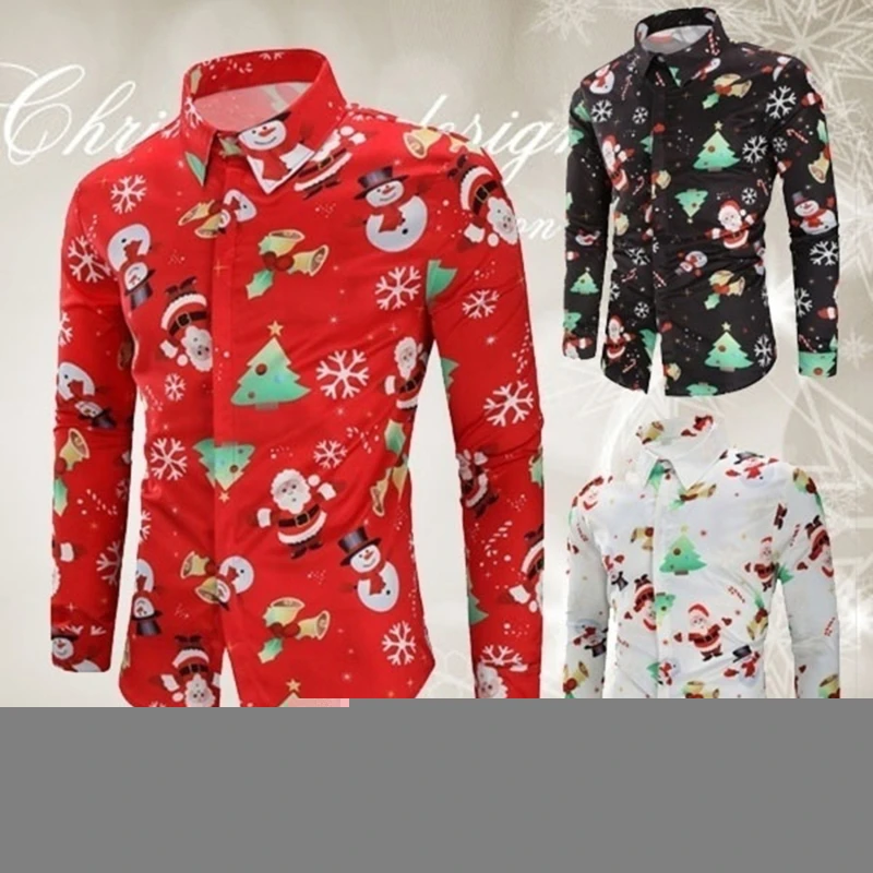 

Fashion Shirts For Male Men Casual Snowflakes Santa Printed Christmas Shirt Top Long Sleeve Blouse Men's Clothing Chemise Homme