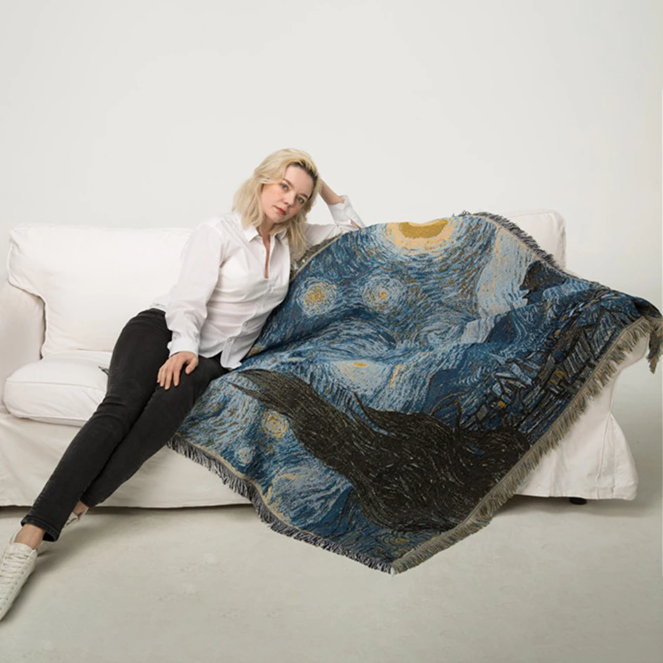 

Yaapeet Cotton Abstract Blanket Knitted Throw Blanket With Tassel Van Gogh Starry Night Print Decorative Blanket Bed Throws
