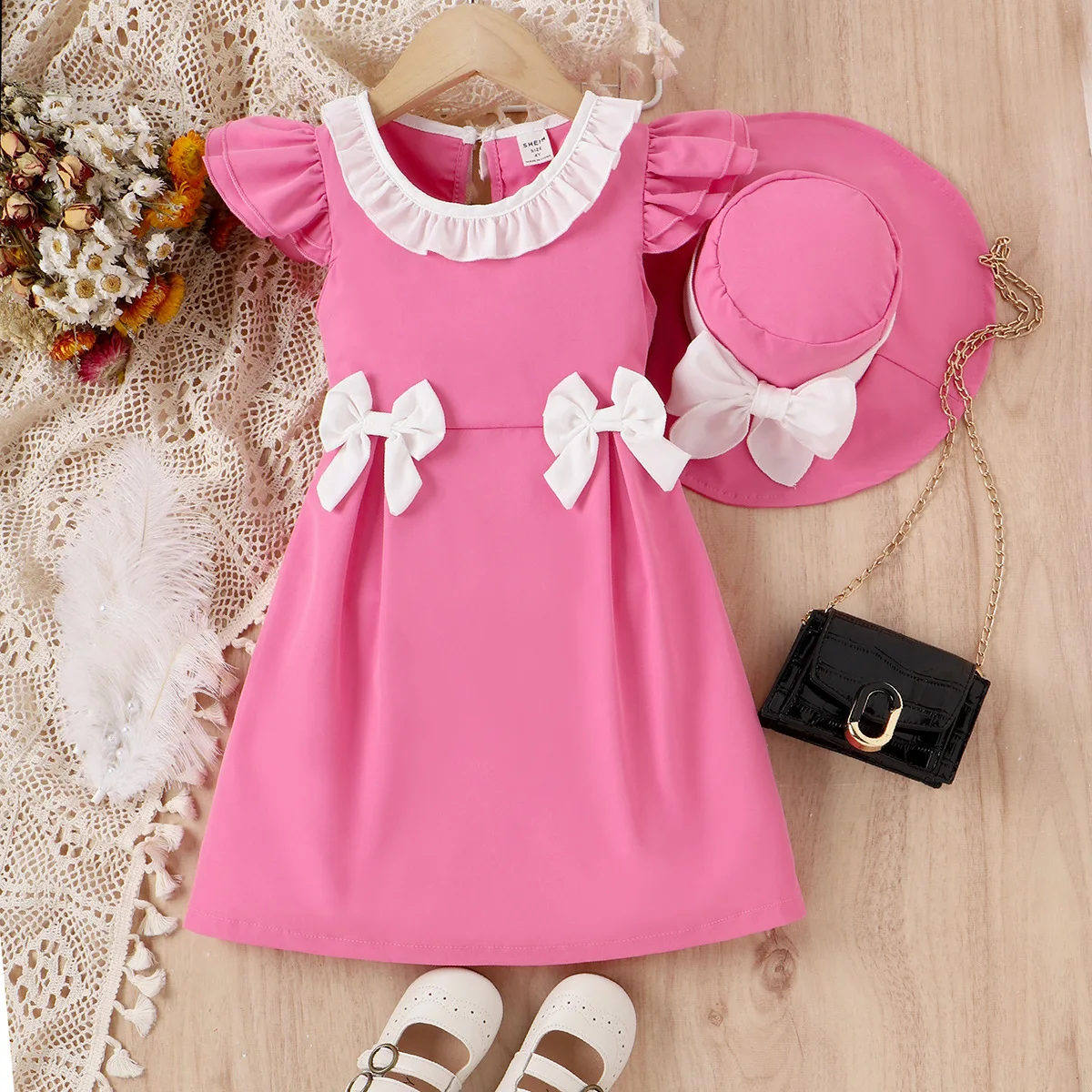 

Summer Girl Dress Solid Cotton Ruffle Edge Color Matching Fly Sleeve Bow A-Line Skirt+ Hat Set Kids Dress Fashion Girls Clothing
