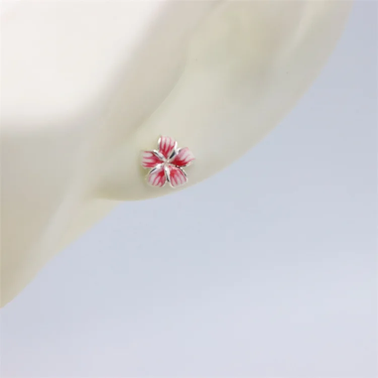 

ZFSILVER Real 925 Sterling Silver Fashion Design Red Flower Peach Blossom Stud Earrings Jewelry For Women Charm Party Girl Gift