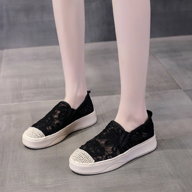 Women Canvas Shoes 2023 Spring Summer Solid Color Lace Casual Shoes Fashion Round Toe Loafers for Ladies Flat Shoes
