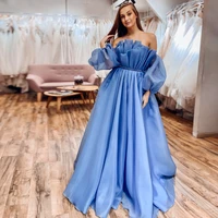 blue orange floor length evening dress off shoulder ruffles long sleeves with sashes homecoming party for girl vestidos 2022