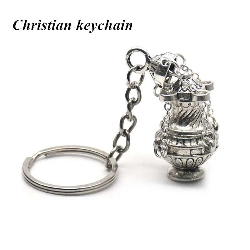 

Silver Christian Incense Burner Keychain Religious Key Ring Jewelry Bag Car Pendant Keyfob Souvenirs Unisex Gifts High Quality