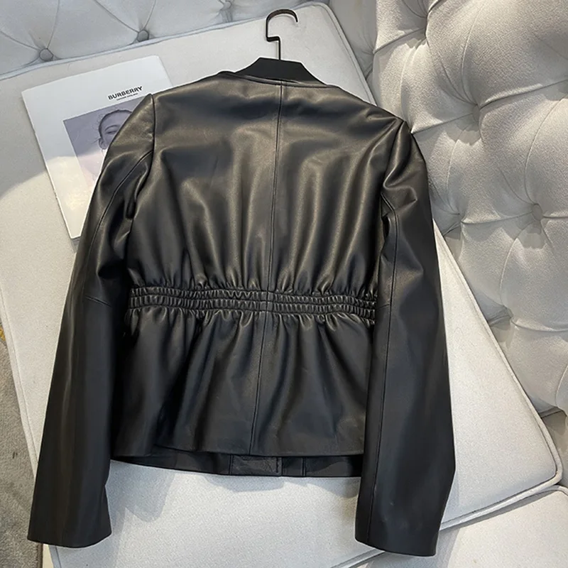 2023 New Lady Leather Jackets Round Neck Single Breasted Solid Genuine Sheepskin Short Coat Elegant Fashion Streetwear AEL4938