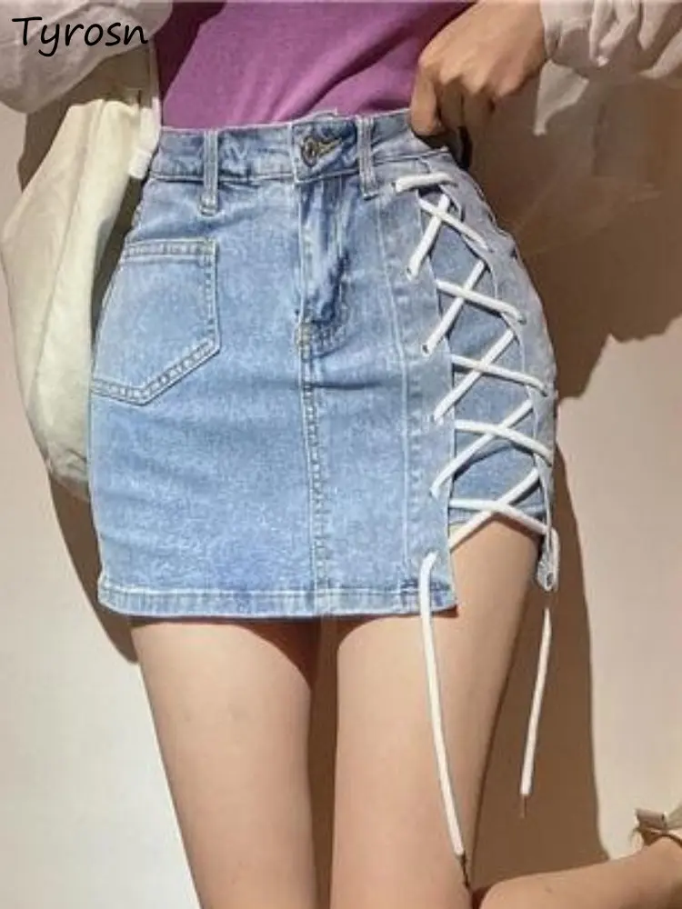 

Юбка-миди женская с завышенной талией, Элегантный дизайнерский бандаж, модная простая Универсальная джинсовая трапециевидная юбка из денима, в Корейском стиле, для отдыха, на лето