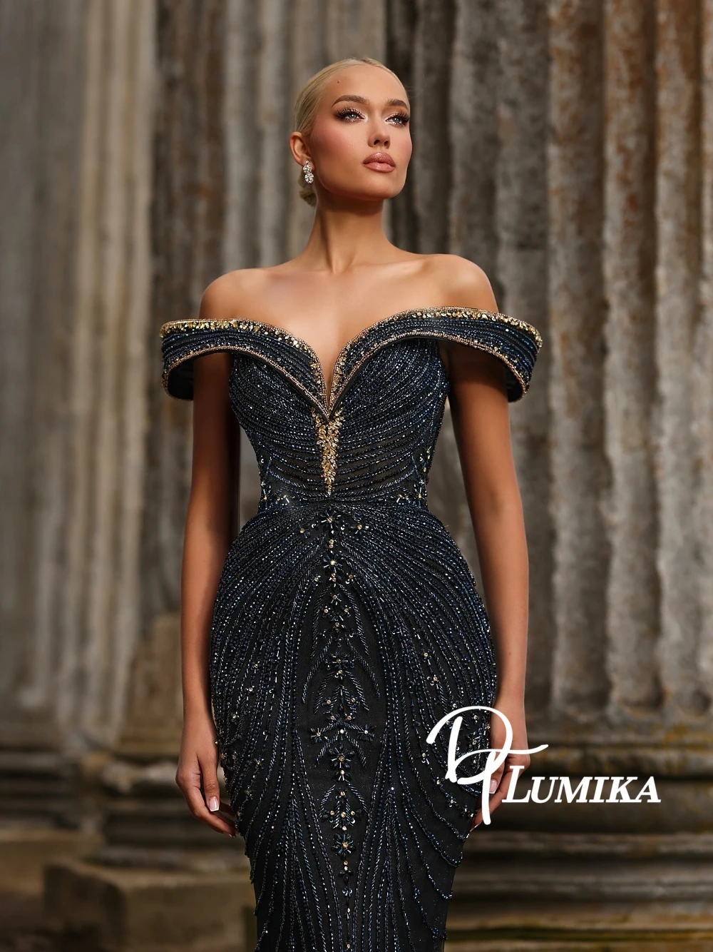 Фото Couture Темно-синее нежное вечернее платье русалки с открытыми плечами и бисером Блестящее платье макси для роскошных особых случаев и красной ковровой дорожки №1